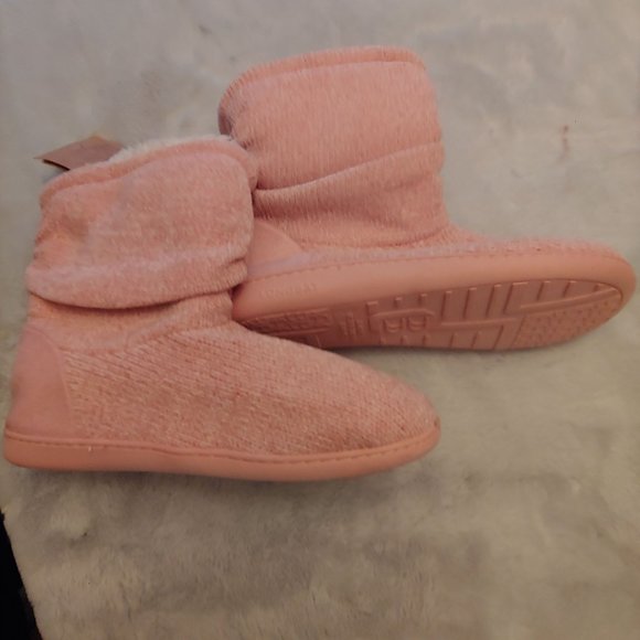 NWT LongBay pink Chenille Knit Bootie Slippers Plush Fleece Memory Foam Sz XL - Picture 3 of 7